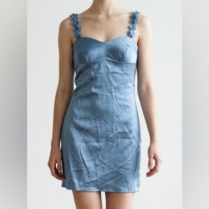 Wear Your Love Blue Satin Mini Dress  Floral Appliqué Straps NWT Women's 0
